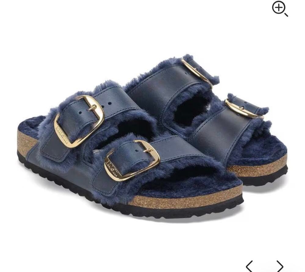 Birkenstock Arizona Big Buckle Shearling Midnight Navy Gold Sandals, EU 37